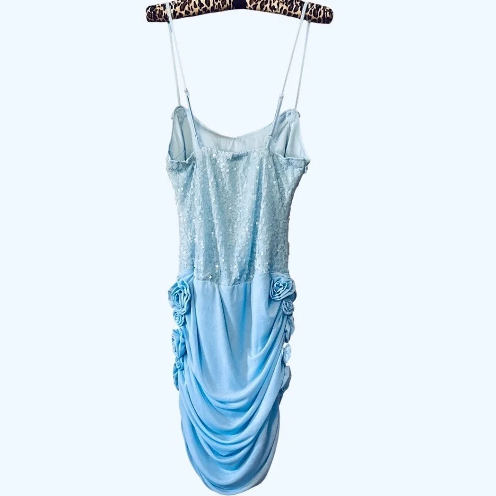 Powder Blue Sequin Rosette Cocktail Dress NWT Ruched Draped‎ Size 4